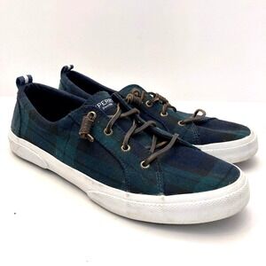 Sperry Top Sider Canvas Sneakers Green Blue Plaid Womens 11 Leather Rolled Laces